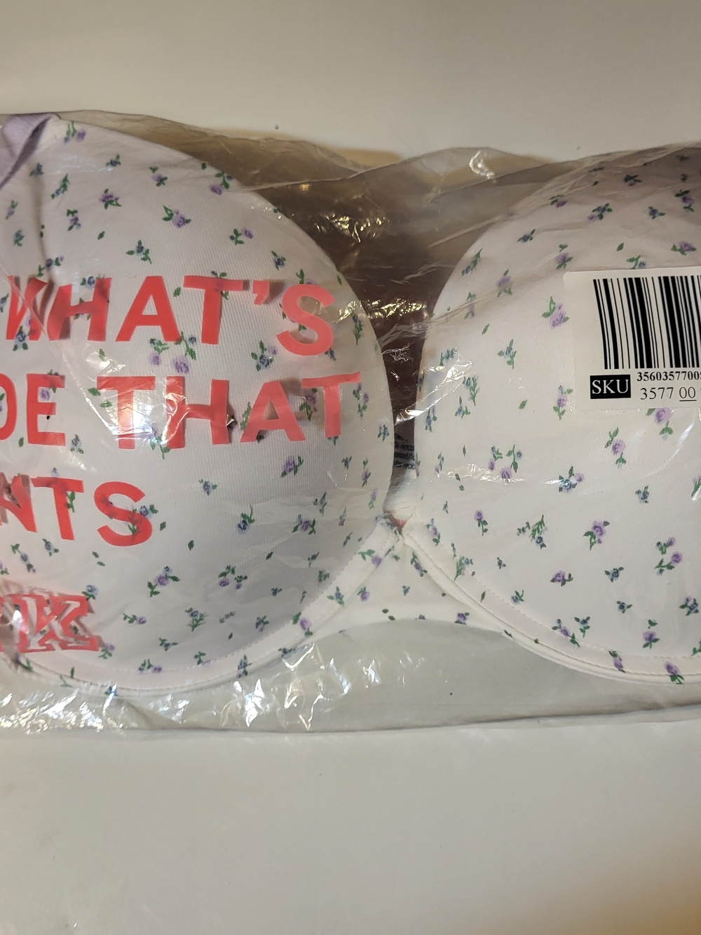 White Floral Padded Bra with Pink Text
